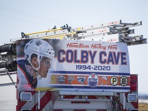 Well-wishers gathered along Highway 16 to show support for the family of NHL player Colby Cave. Cave died on April 11th from a hemorrhagic stroke. Photo taken in North Battleford, SK on Monday, April 13, 2020. Saskatoon StarPhoenix / Matt Smith