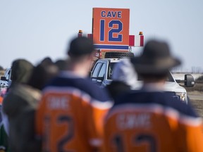 Well-wishers gathered along Highway 16 to show support for the family of NHL player Colby Cave. Cave passed on April 11th from a hemorrhagic stroke. Photo taken in North Battleford, SK on Monday, April 13, 2020. (Saskatoon StarPhoenix/Matt Smith)