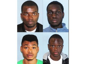 Photos of four men wanted on Canada-wide warrants in connection to a large online romance scam. Clockwise from top left: Clinton Newton, Joshua Ometie, Jonah Eigbuluese, Kelvin Awani (photo submitted by RCMP)