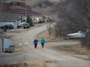 Two women walk a pair of dogs down a quiet lane in cottage country on the edge of Echo Lake, in mid-April, 2020.