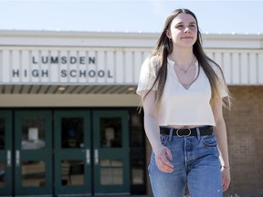 Alecia MacDougall, a Grade 12 student, in front of Lumsden High School on Tuesday, April 21, 2020.