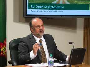 Saskatchewan's chief medical health officer Dr. Saqib Shahab answers questions pertaining to the government's plan to re-open the province's economy at a news conference held at the Saskatchewan Legislative Building in Regina, Saskatchewan on April 23, 2020.