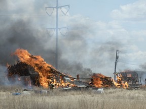 Members of the Regina Fire & Protective Services responded to a fire just east of the city limits and north of the Trans-Canada Highway on Saturday, April 25, 2020.