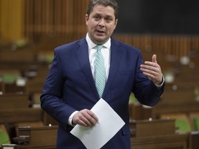 Conservative Leader Andrew Scheer rises during a special sitting of Parliament in the House of Commons, Wednesday, March 25, 2020 in Ottawa. Scheer is calling for the Liberals to be more transparent about their response to the COVID-19 crisis.