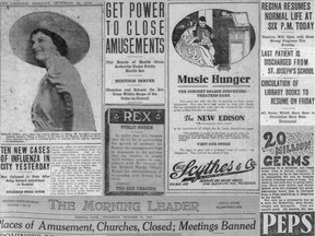 A collage of articles and advertisements from The Leader in October and November 1918, during the Spanish flu epidemic.