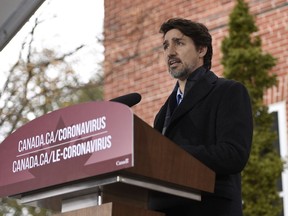 Prime Minister Justin Trudeau speaks during his daily press conference on the COVID-19 pandemic outside of his residence at Rideau Cottage in Ottawa, on Sunday, April 5, 2020.