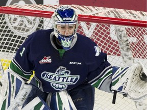 Goaltender Roddy Ross, shown with the Seattle Thunderbirds in 2019, was acquired by the Regina Pats last week.