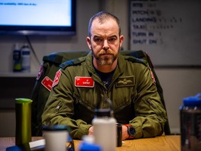 Snowbirds team lead Maj. Jean-Francois Dupont speaks with pilots of the Snowbirds' team during a morning brief at 431 Squadron, in Canadian Forces Base Moose Jaw, Sask. on March 3, 2020. Photo credit: Master Cpl. Mathieu St-Amour/submitted photo