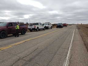 A checkpoint on Highway 120 about 35 kilometres south of Candle Lake, Saskatchewan, enforces the ban on non-critical travel into the northern half of the province. Northern leaders are weighing their options as those restrictions drag on. (Photo: Ron Cherkewich)