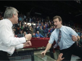 Regina Pats head coach Norm Johnston, left, and Moose Jaw Warriors head coach/GM Al Tuer are shown during a dispute on Nov. 18, 1994.