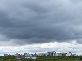 Dark clouds pass over downtown during cold damp afternoon weather. Stock photo