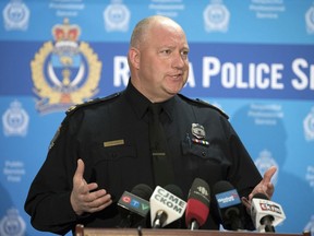 Chief Evan Bray speaks at the Regina Police Service headquarters in Regina on Thursday, February 13, 2020.