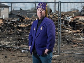 Eugene Wilson, Exalted Ruler of the the Regina Elks No. 9, stands in front of what was the group's hall on 1st Avenue in Regina, Saskatchewan on May 6, 2020. The hall was reduced to a pile of charred rubble in a May 3 fire.
