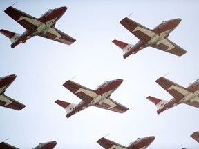 REGINA, SASK :  May 14, 2020  --  The Canadian Forces Snowbirds, 431 Air Demonstration Squadron from 15 Wing Moose Jaw, fly over Regina during their cross-country tour as part of Operation Inspiration on Thursday, May 14, 2020.   TROY FLEECE / Regina Leader-Post