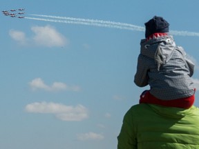 The Snowbirds fly over Regina, Saskatchewan on May 14, 2020. The flyover was part of Operation Inspiration, a nationwide tour for the team.