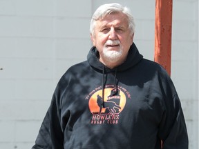 Karl Fix, president of the Dog River Howlers Rugby Club, stands near the Carmichael Outreach building on 12th Avenue in Regina, Saskatchewan.