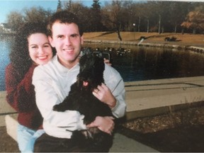 Oscar, the Scottish terrier, with Chryssoula Filippakopoulos and Rob Vanstone in 1999.