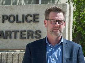 Insp. Cory Lindskog stands in front of the Regina Police Service headquarters on Osler Street in Regina on May 28, 2020. Lindskog is the officer in charge of the Gangs, Drugs, Firearms, Property & Financial Crimes units of the service.