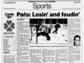 The front sports page of the Feb. 23, 1995 Regina Leader-Post, documenting a turbulent day in the life of the Regina Pats.