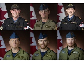 Handout image shows a member of Canadian Armed Forces (CAF) who was killed and 5 others missing after a Canadian military CH-148 Cyclone helicopter crashed in the Mediterranean Sea off the coast of Greece. (Top L-R) Sub-Lieutenant Matthew Pyke, Master Corporal Matthew Cousins, Sub-Lieutenant Abbigail Cowbrough, (Bottom L-R) Captain Kevin Hagen, Captain Maxime Miron-Morin, Captain Brenden Ian MacDonald.