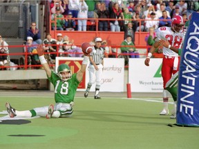 Saskatchewan Roughriders slotback Jeff Fairholm celebrates a touchdown during an Oct. 23, 1993 classic against the Calgary Stampeders at Taylor Field.