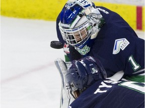 Roddy Ross, shown making a save for the Seattle Thunderbirds in 2019, is expected to handle most of the goaltending for the 2020-21 Regina Pats.