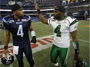Kerry Joseph, shown on the left with the Toronto Argonauts in 2008, and Darian Durant were acquired by the Saskatchewan Roughriders in the same 2006 trade.