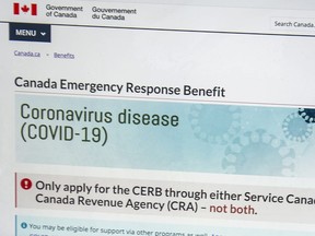 A Canada Emergency Response Benefit (CERB) COVID-19 Government of Canada page during the COVID-19 pandemic, Friday May 22, 2020.