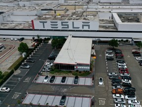 An aerial view of the Tesla Fremont Factory on May 12, 2020 in Fremont, California.
