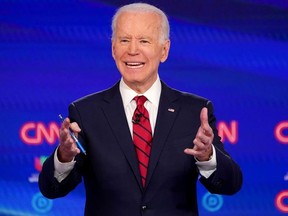 Democratic U.S. presidential candidate and former Vice President Joe Biden speaks during the 11th Democratic candidates debate of the 2020 U.S. presidential campaign, held in CNN's Washington studios without an audience because of the global coronavirus pandemic, in Washington, U.S., March 15, 2020.