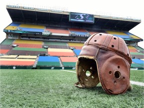 A leather football helmet worn by the Regina Roughriders' Eddie (Dynamite) James in the 1931 Grey Cup is shown at Taylor Field in 2016. The helmet was made available for the photo by the Saskatchewan Sports Hall of Fame.