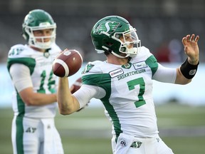 Saskatchewan Roughriders quarterbacks Isaac Harker, left, and Cody Fajardo have teamed up for a new podcast.