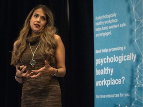 Joti Samra, CEO and founder of MyWorkplaceHealth.com, speaks at at the WorkSafe Saskatchewan Psychological Health & Safety in the Workplace conference held at the Delta Hotel in Regina, Saskatchewan on December 3, 2019.
