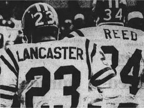 Saskatchewan Roughriders icons Ron Lancaster and George Reed are shown during the CFL's 1974 Western Conference final in Edmonton.