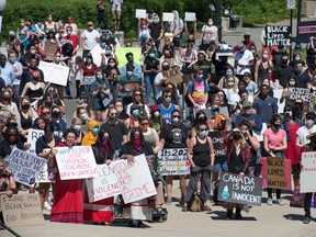 REGINA, SASK : June 5, 2020  -- The crowd listens to a speaker during a Black Lives Matter rally that went from the Royal Saskatchewan Museum to the Saskatchewan legislative Building in Regina, Saskatchewan on June 5, 2020. BRANDON HARDER/ Regina Leader-Post