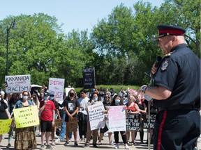 Regina Police Chief Evan Bray speaks during a Black Lives Matter rally that went from the Royal Saskatchewan Museum to the Saskatchewan legislative Building in Regina, Saskatchewan on June 5, 2020.