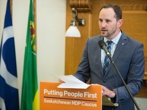 Saskatchewan NDP leader Ryan Meili speaks during a media event held at the Saskatchewan Legislative Building on June 11, 2020