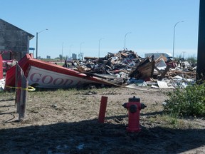 What remains of the Good Fortune Kitchen lays in rubble in Balgonie, Saskatchewan on June 15, 2020 following a June 14 fire that destroyed the building.