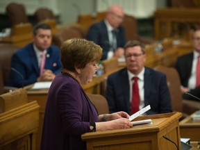 REGINA, SASK : June 15, 2020  -- Saskatchewan Finance Minister Donna Harpauer stands to deliver the budget speech in the chamber at the Saskatchewan Legislative Building in Regina, Saskatchewan on June 15, 2020. BRANDON HARDER/ Regina Leader-Post