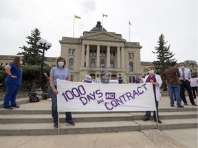 SEIU-West member leaders were outside of the Legislative Building to share information about the struggles they face in Regina on Tuesday, June 16, 2020.