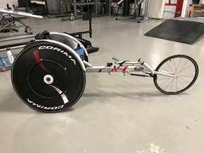 Jessica Frotten says her wheelchair racer has been tweaked and customized to the point where it feels like an extension of her body. She says she uses it five times a week to train. (Photo supplied by the Regina Police Service)