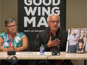 REGINA, SASK : June 17, 2020  -- Linda Van de Vorst, left, and Lou Van de Vorst, parents of a man who, along with his family, was killed by a drunk driver, speak during a media conference regarding impaired driving statistics held at the SGI main office in Regina, Saskatchewan on June 17, 2020. A photo of the deceased family can be seen on frame right. BRANDON HARDER/ Regina Leader-Post