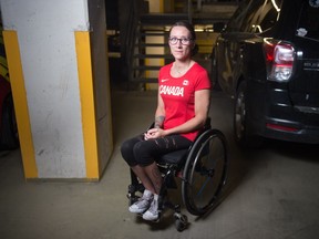 Jessica Frotten, who competes as a para-athlete, is pictured in the parking garage at her home in Regina, Sask., on June 17, 2020. Frotten is pictured at the very spot from which her highly customized racing wheelchair was stolen.
