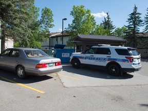 A police cruiser sits on Arens Road East in Regina, Saskatchewan on June 11, 2020. The location was the scene of an investigation into the death of an 18-month-old boy.