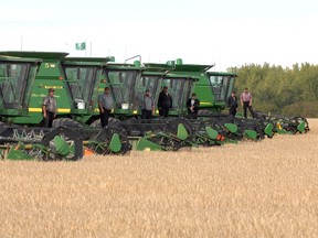 Members of the Box Elder Hutterite Colony stand on the headers of eight combines just before they start to combine what is left of the 20,000 acres of barley they were harvesting near Tregarva, Sask. in September 2008. Don Healy/Leader-Post