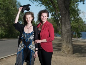 Susan Rosa, right, and her daughter Kayla Rosa stand on Lakeshore Drive in Regina, Saskatchewan on June 12, 2020. Kayla is graduating from the University of Regina this year and her mom Susan has proposed a parade be held for grads along Lakeshore Drive.