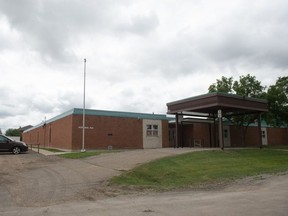 Former Jean Vanier School on 15th Avenue in Regina, Saskatchewan on June 17, 2020. The school was renamed St. Maria Faustina School.