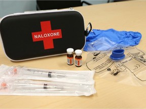 A naloxone kit usually contains two or three vials of the injectable drug, plus syringes, alcohol swags and a mask so responders can give CPR.
