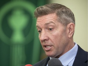 Respect Group Co-founder Sheldon Kennedy speaks at the Regina Catholic School Division board office in Regina on Nov. 12, 2019.