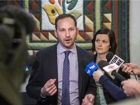 NDP Leader Ryan Meili, left, and Vicki Mowat, sitting MLA and candidate for Saskatoon Fairview.